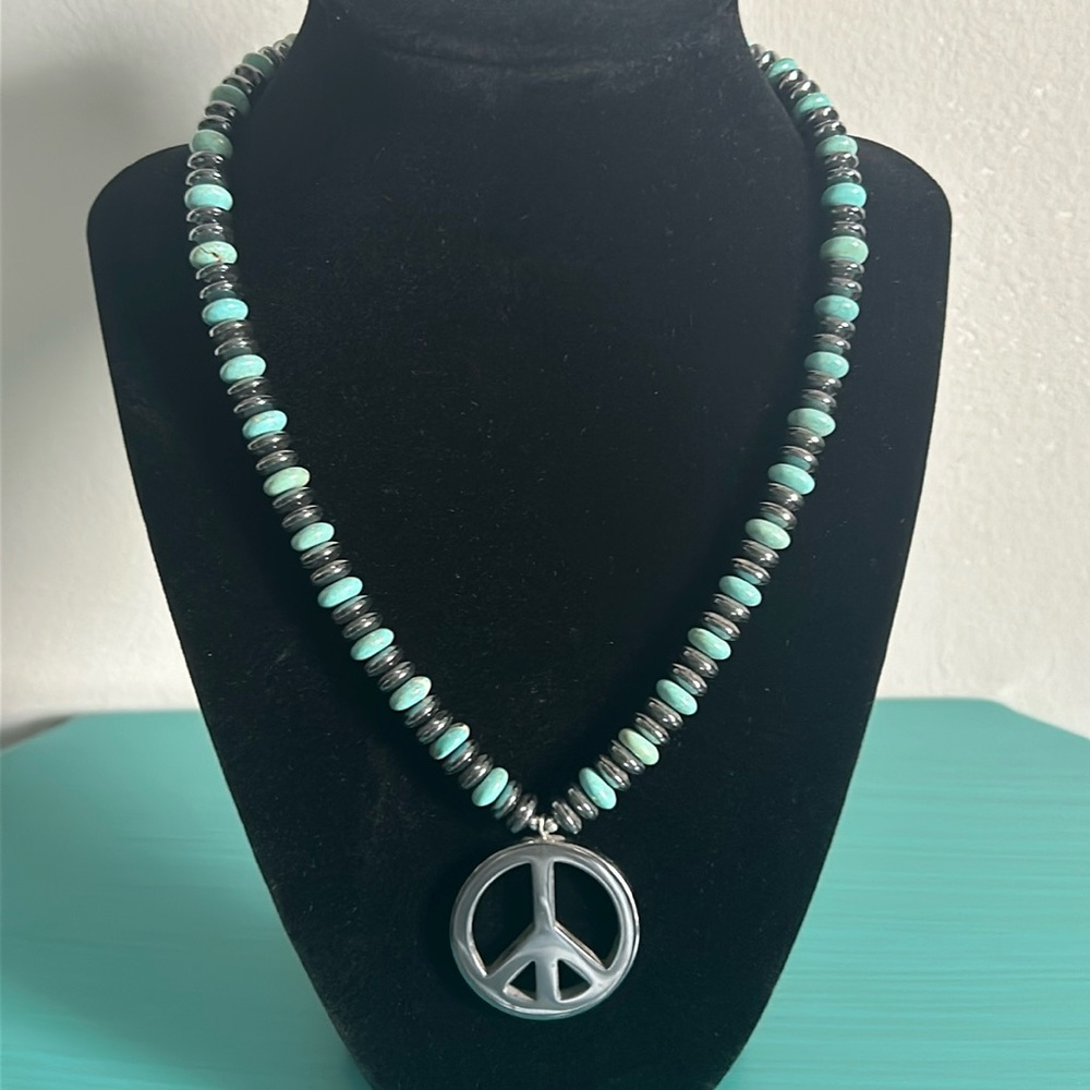 New Hand Crafted Hematite and Howlite Bead Necklace with Peace Sign Pendent